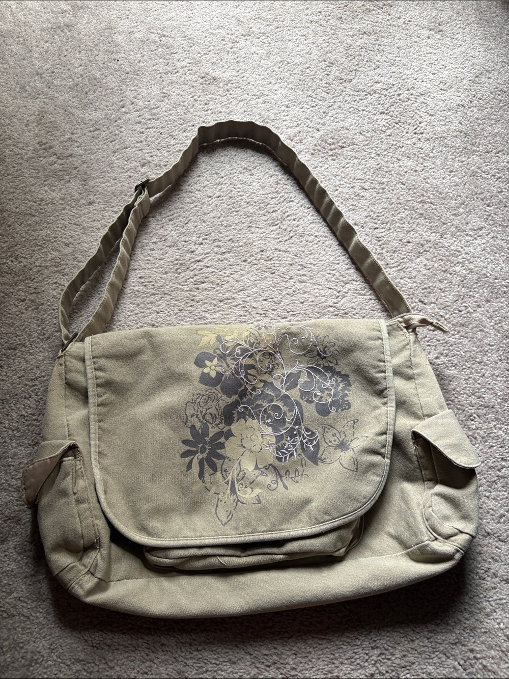 Athletic Works Olive Floral Canvas Shoulder Bag